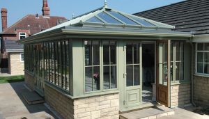 Sage Green uPVC orangery and french doors